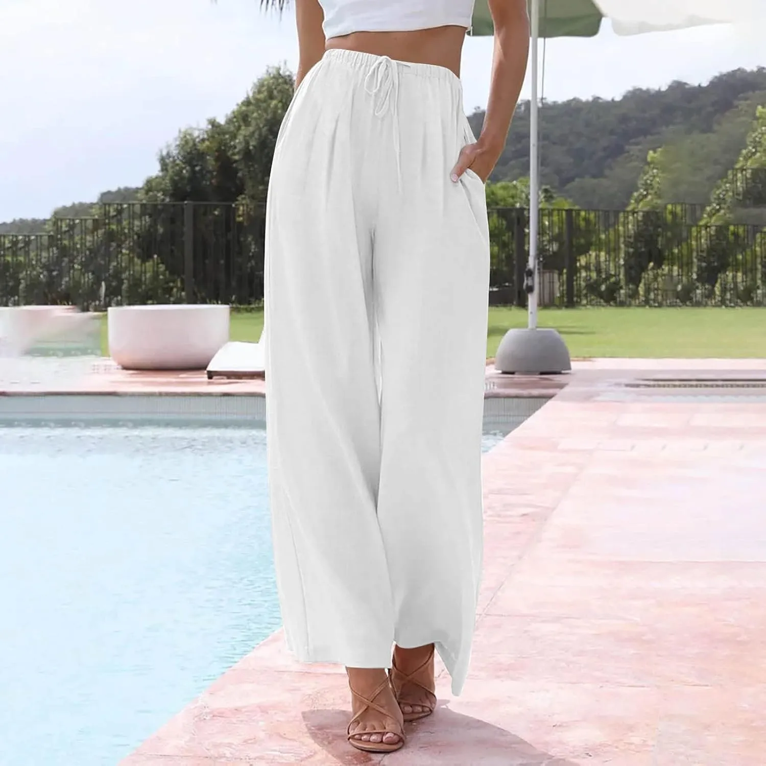 Womens Cotton Linen Pants Summer Wide Leg Palazzo Pants Flowy Beach Lounge Trousers Comfy Loose Slacks