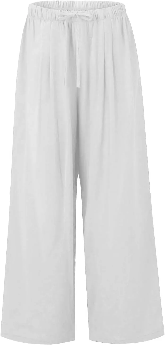 Womens Cotton Linen Pants Summer Wide Leg Palazzo Pants Flowy Beach Lounge Trousers Comfy Loose Slacks