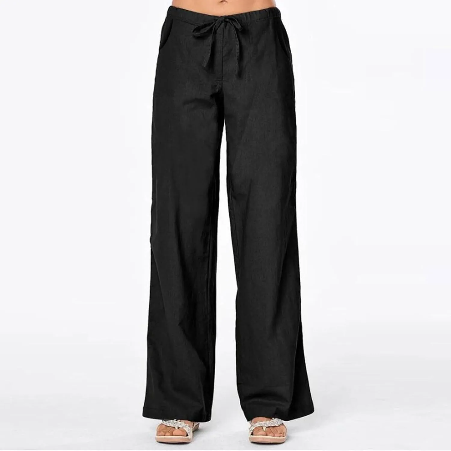 Women's Cotton Linen Pants,Summer Wide Leg Casual Loose Elastic High Waist Palazzo Trousers