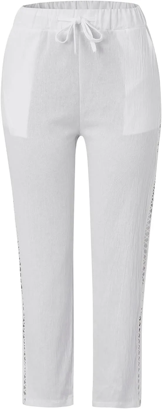 Women's Cropped Linen Capris with Pockets, Adjustable Waist Wide-Leg Trousers Beach Vacations Casual Outdoor