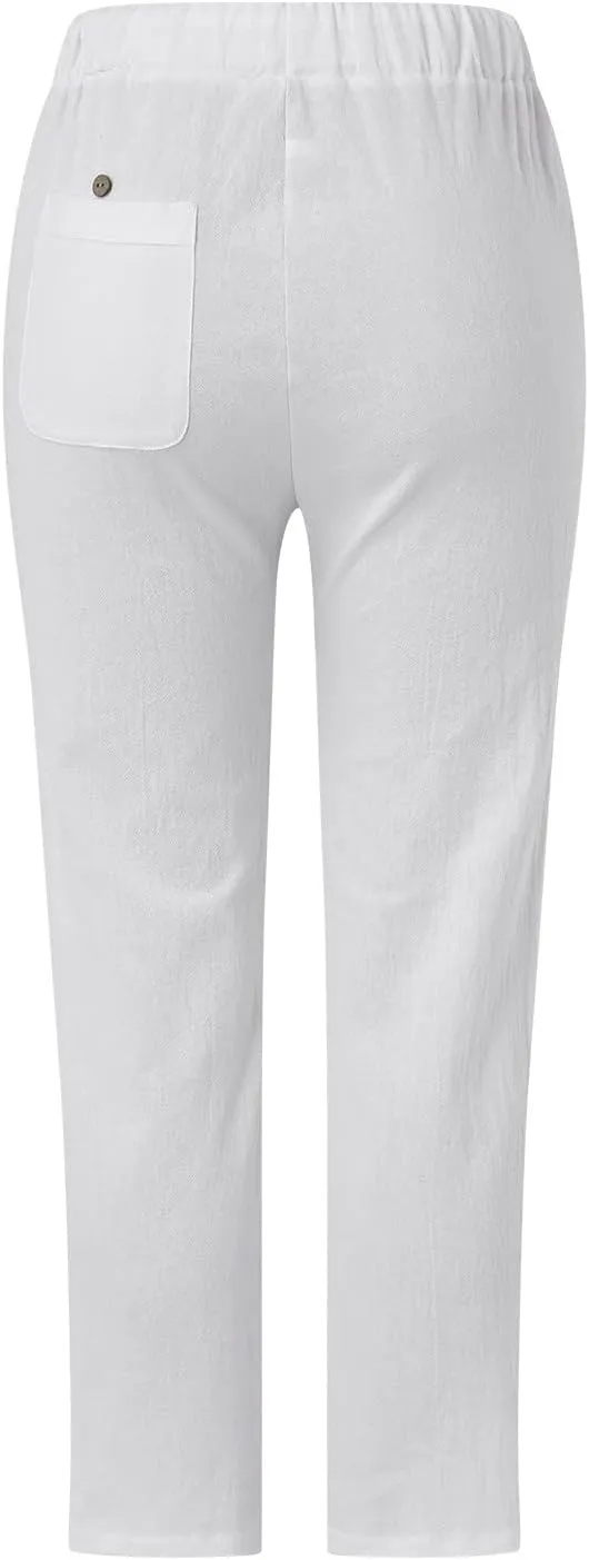 Women's Cropped Linen Capris with Pockets, Adjustable Waist Wide-Leg Trousers Beach Vacations Casual Outdoor