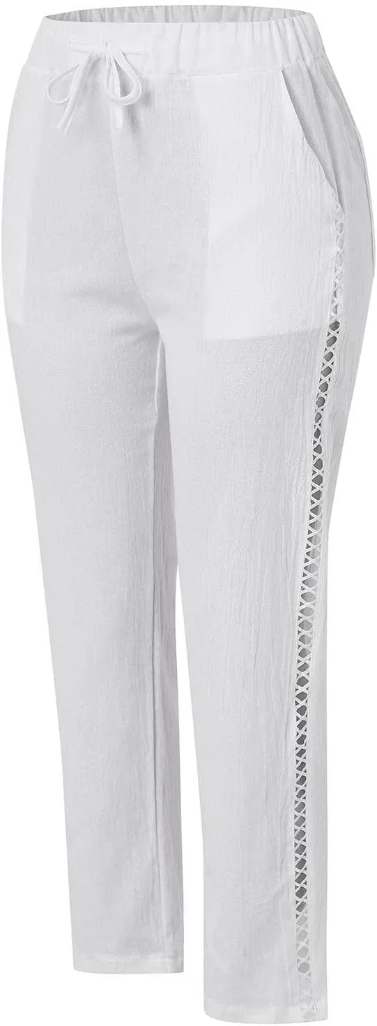 Women's Cropped Linen Capris with Pockets, Adjustable Waist Wide-Leg Trousers Beach Vacations Casual Outdoor