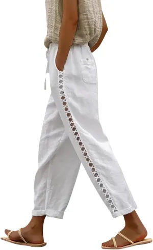 Women's Cropped Linen Capris with Pockets, Adjustable Waist Wide-Leg Trousers Beach Vacations Casual Outdoor