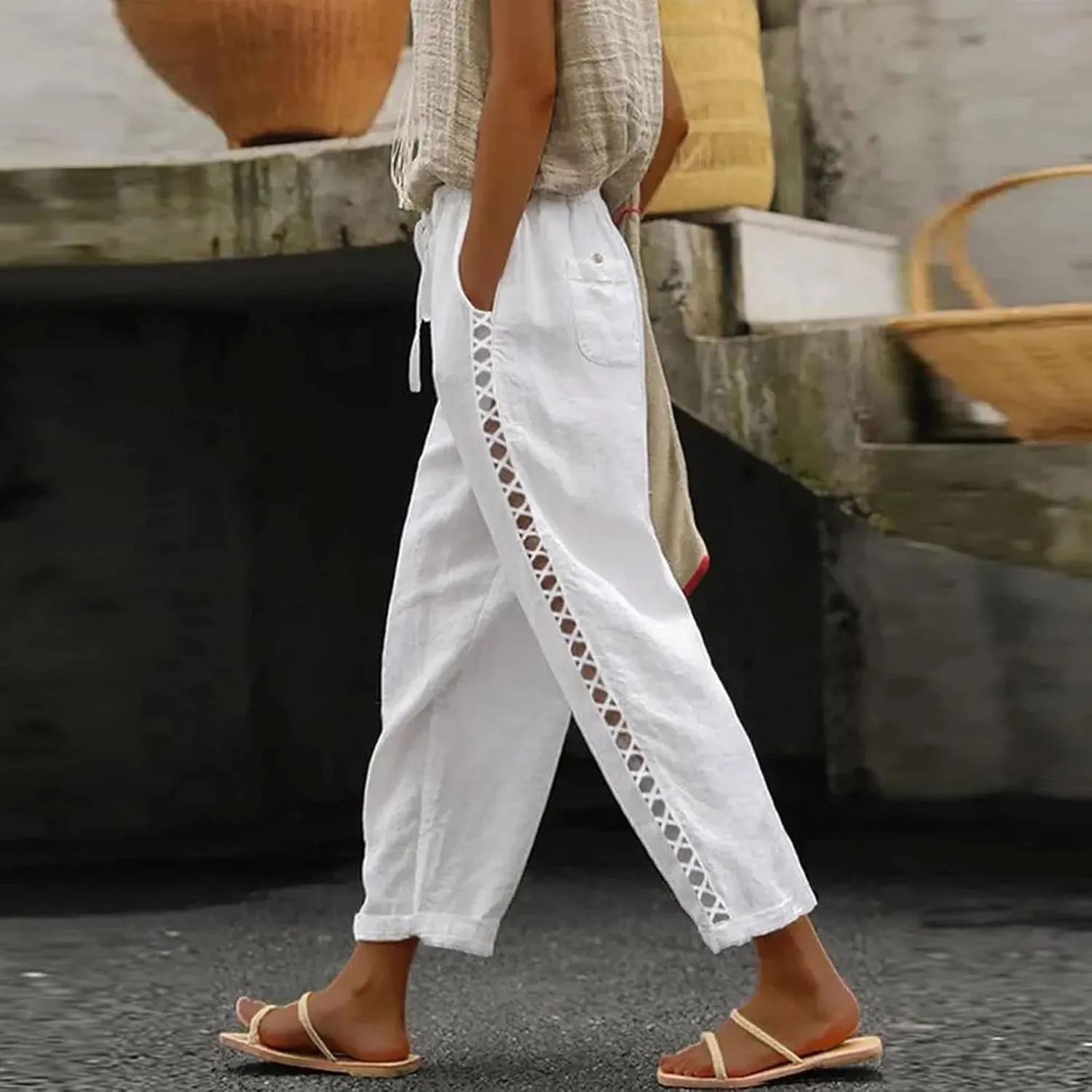 Women's Cropped Linen Capris with Pockets, Adjustable Waist Wide-Leg Trousers Beach Vacations Casual Outdoor