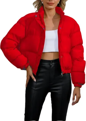 Women's Cropped Puffer Jacket Winter Long Sleeve Oversized Stand Collar Zip Up Short Down Coat