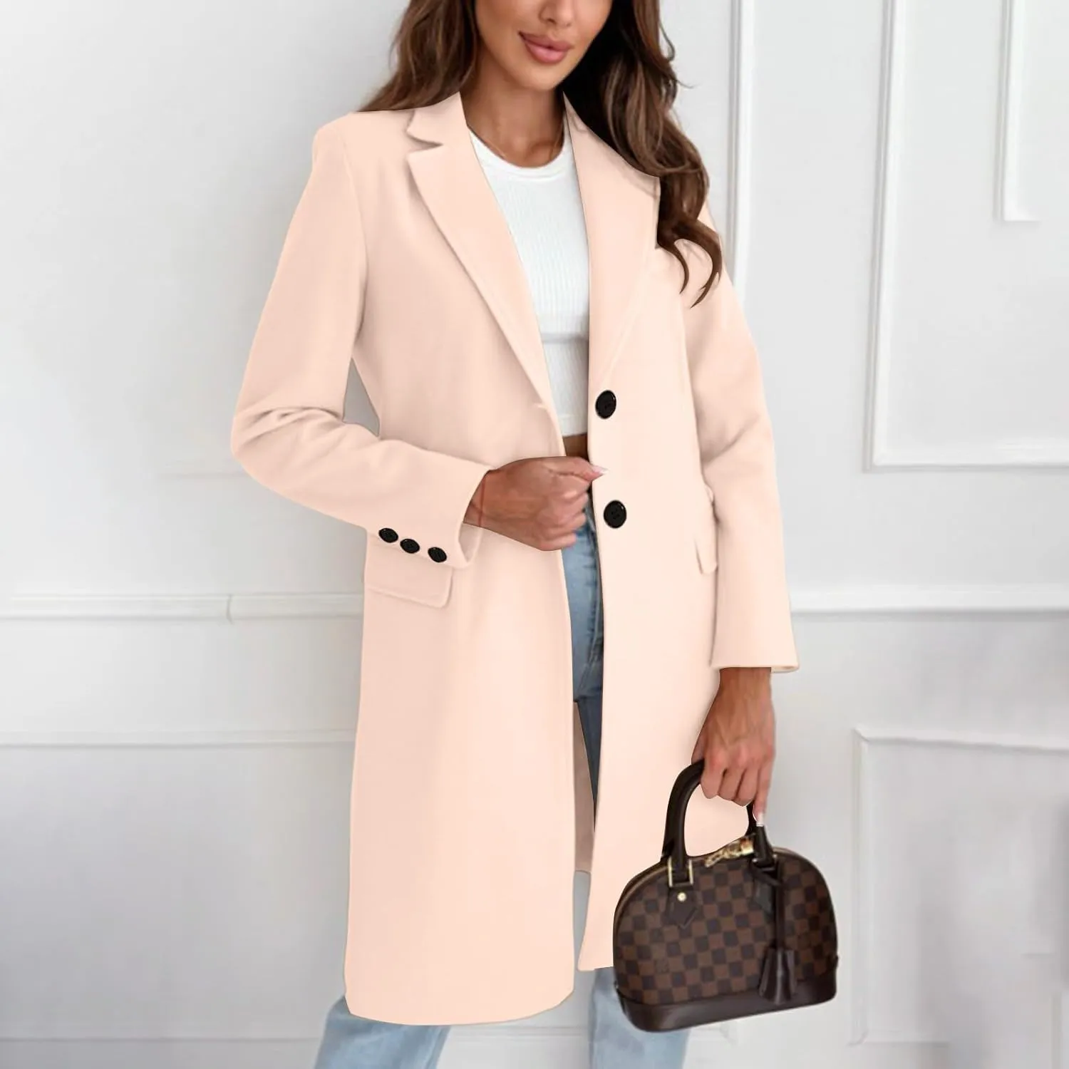Womens Fit Mid Long Double Breasted Coat Lapel Jacket Overcoat Outwear Trench Windbreaker Coat Women Long