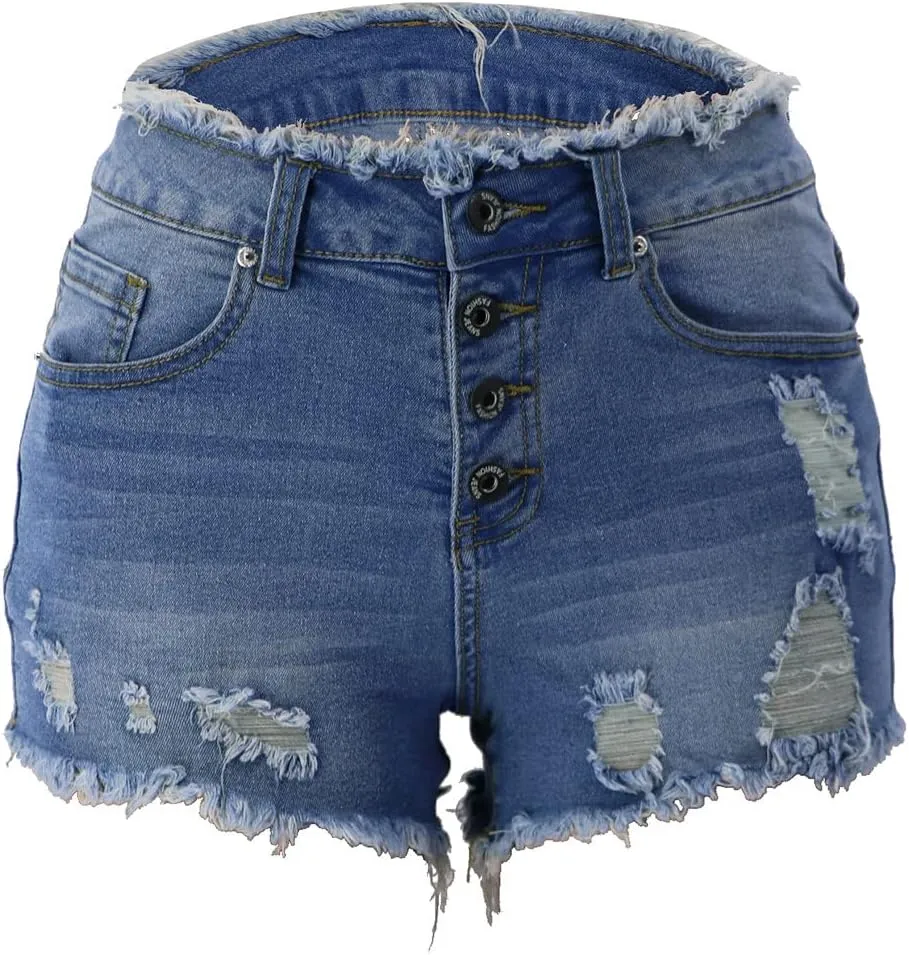 Womens Jean Shorts Casual Ripped Button High Waisted Short Jeans Trendy Dressy Pocket Raw Hem Destroyed Denim Shorts