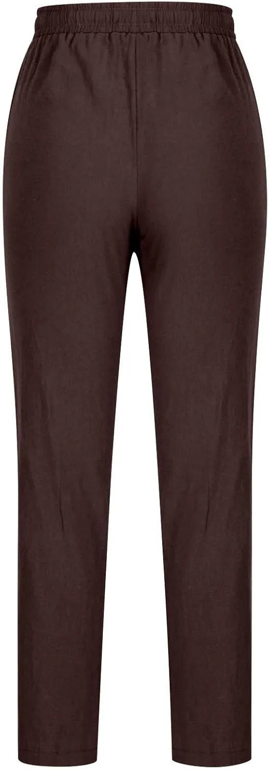 Womens Linen Pants 2024 Fashion Casual Drawstring Straight Leg High Waisted Pant Summer Trousers with Pockets