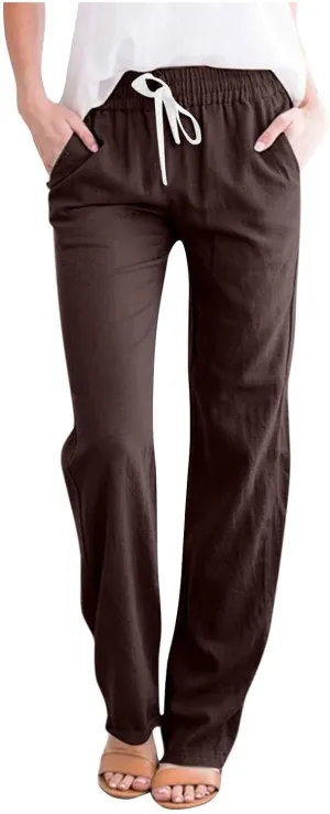 Womens Linen Pants 2024 Fashion Casual Drawstring Straight Leg High Waisted Pant Summer Trousers with Pockets