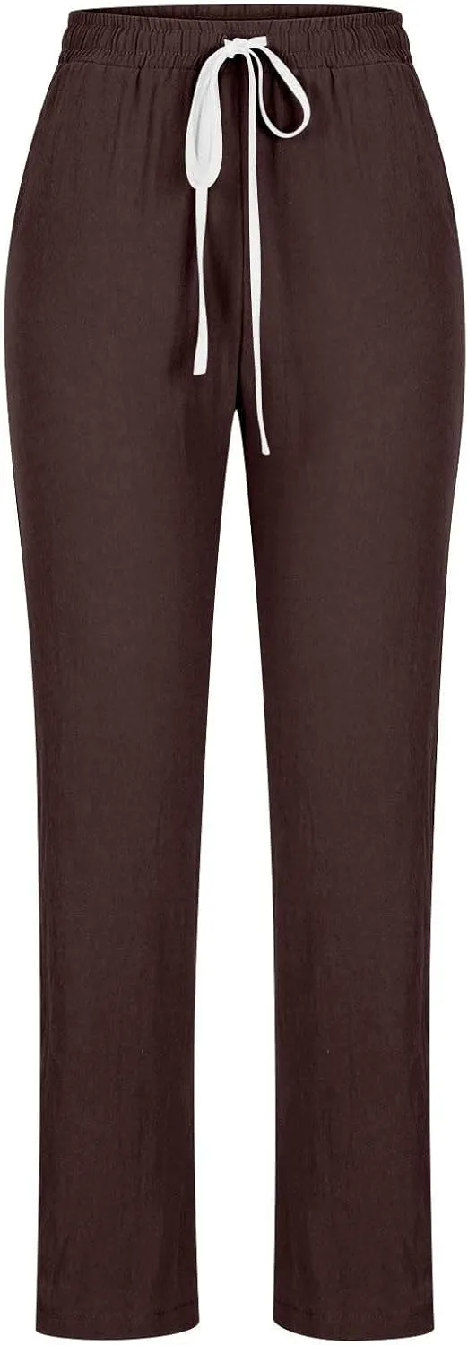 Womens Linen Pants 2024 Fashion Casual Drawstring Straight Leg High Waisted Pant Summer Trousers with Pockets