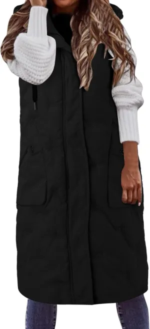 Womens Long Down Vest Hood Fashion Thickened Hooded Sleeveless Puffer Jackets Long Coats Warm 2024 Winter Outerwear