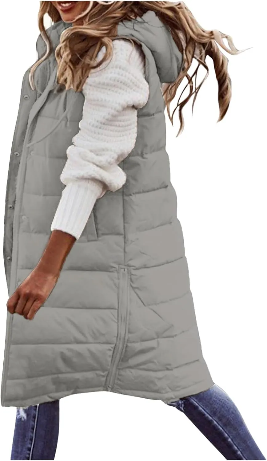Womens Long Puffer Vest Jacket Solid Sleveless Hooded Long Vest Outerwear Zipper Down Coats Trendy Tops with Pockets