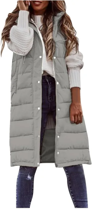 Womens Long Puffer Vest Jacket Solid Sleveless Hooded Long Vest Outerwear Zipper Down Coats Trendy Tops with Pockets