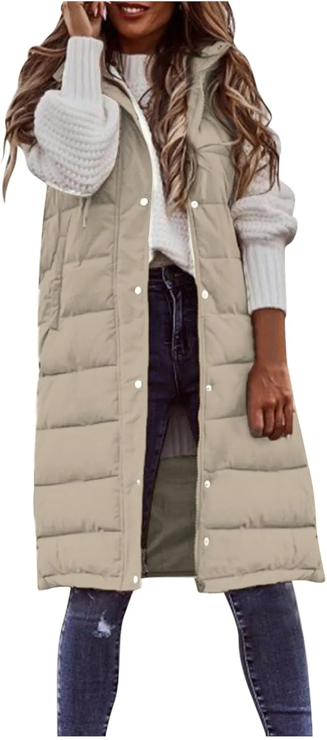 Womens Long Puffer Vest Jacket Solid Sleveless Hooded Long Vest Outerwear Zipper Down Coats Trendy Tops with Pockets