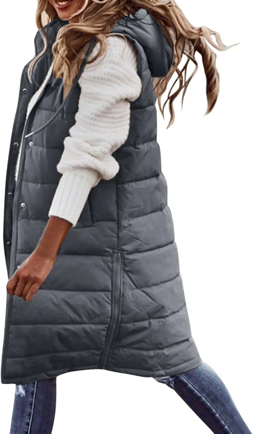 Womens Long Puffer Vest Jacket Solid Sleveless Hooded Long Vest Outerwear Zipper Down Coats Trendy Tops with Pockets