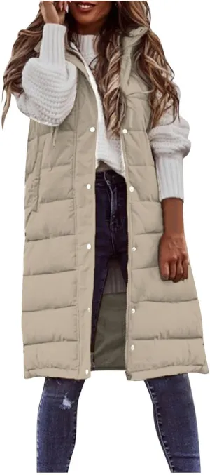 Womens Long Puffer Vest Jacket Solid Sleveless Hooded Long Vest Outerwear Zipper Down Coats Trendy Tops with Pockets