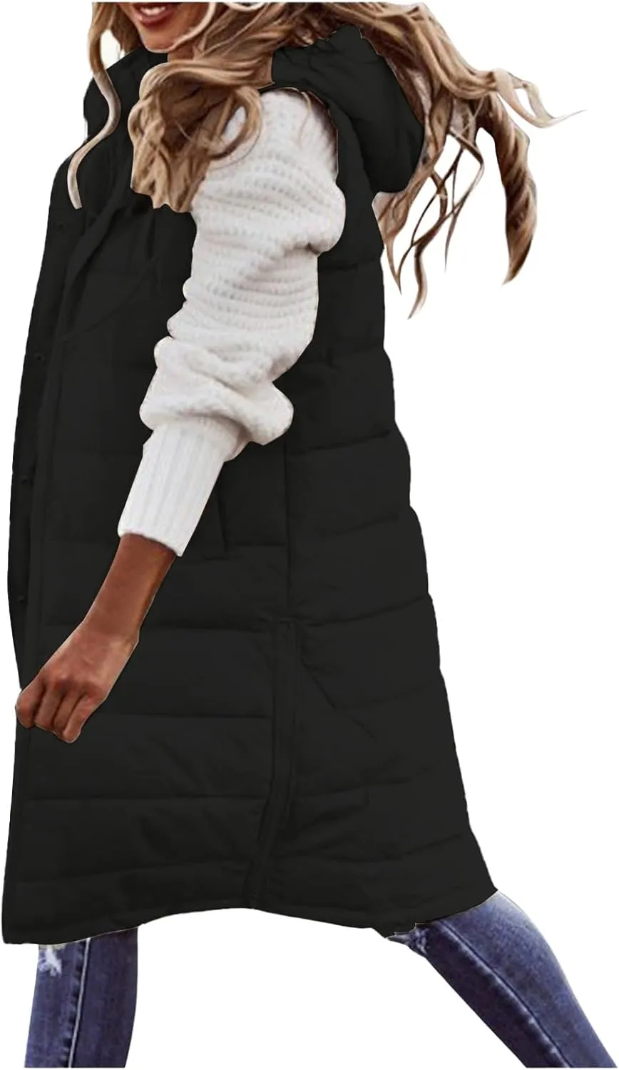 Womens Long Puffer Vest Jacket Solid Sleveless Hooded Long Vest Outerwear Zipper Down Coats Trendy Tops with Pockets