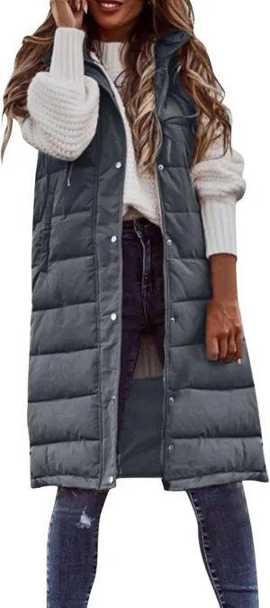 Womens Long Puffer Vest Jacket Solid Sleveless Hooded Long Vest Outerwear Zipper Down Coats Trendy Tops with Pockets