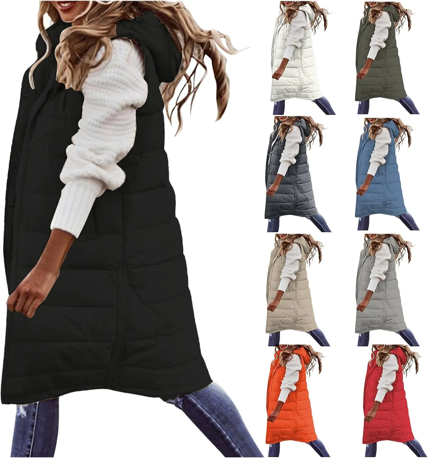 Womens Long Puffer Vest Jacket Solid Sleveless Hooded Long Vest Outerwear Zipper Down Coats Trendy Tops with Pockets
