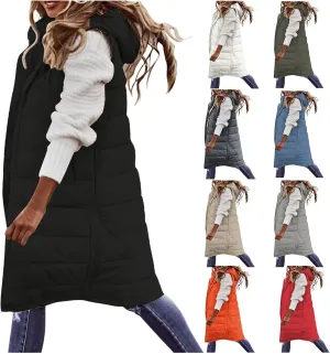 Womens Long Puffer Vest Jacket Solid Sleveless Hooded Long Vest Outerwear Zipper Down Coats Trendy Tops with Pockets