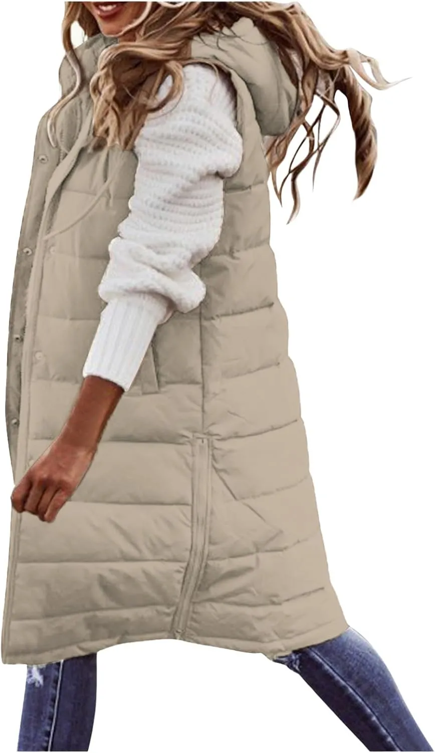 Womens Long Puffer Vest Jacket Solid Sleveless Hooded Long Vest Outerwear Zipper Down Coats Trendy Tops with Pockets