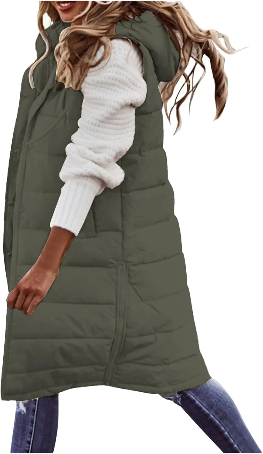 Womens Long Puffer Vest Jacket Solid Sleveless Hooded Long Vest Outerwear Zipper Down Coats Trendy Tops with Pockets