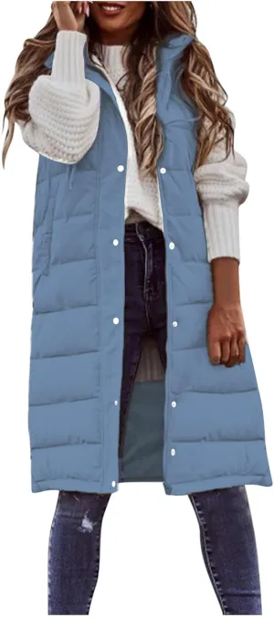 Womens Long Puffer Vest Jacket Solid Sleveless Hooded Long Vest Outerwear Zipper Down Coats Trendy Tops with Pockets