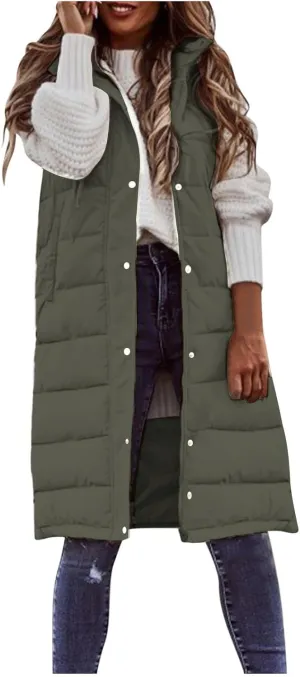 Womens Long Puffer Vest Jacket Solid Sleveless Hooded Long Vest Outerwear Zipper Down Coats Trendy Tops with Pockets