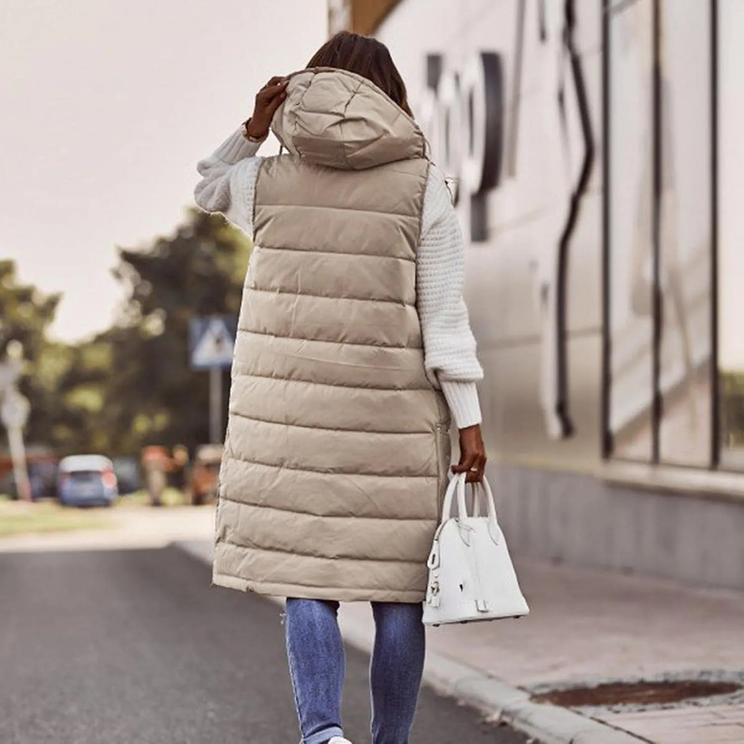 Womens Long Puffer Vest Solid Sleveless Jacket Hooded Long Vest Outerwear Zipper Down Coats Trendy Tops With Pockets