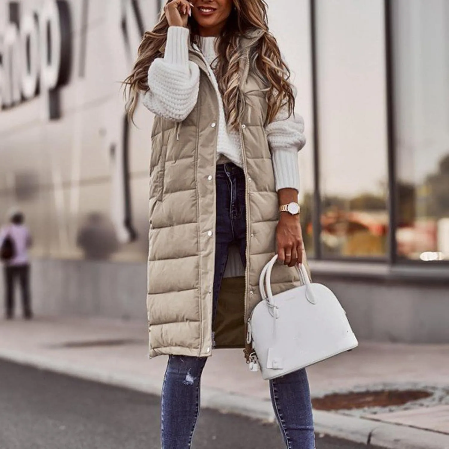 Womens Long Puffer Vest Solid Sleveless Jacket Hooded Long Vest Outerwear Zipper Down Coats Trendy Tops With Pockets