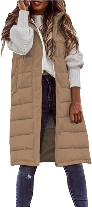 Womens Long Puffer Vest Solid Sleveless Jacket Hooded Long Vest Outerwear Zipper Down Coats Trendy Tops With Pockets