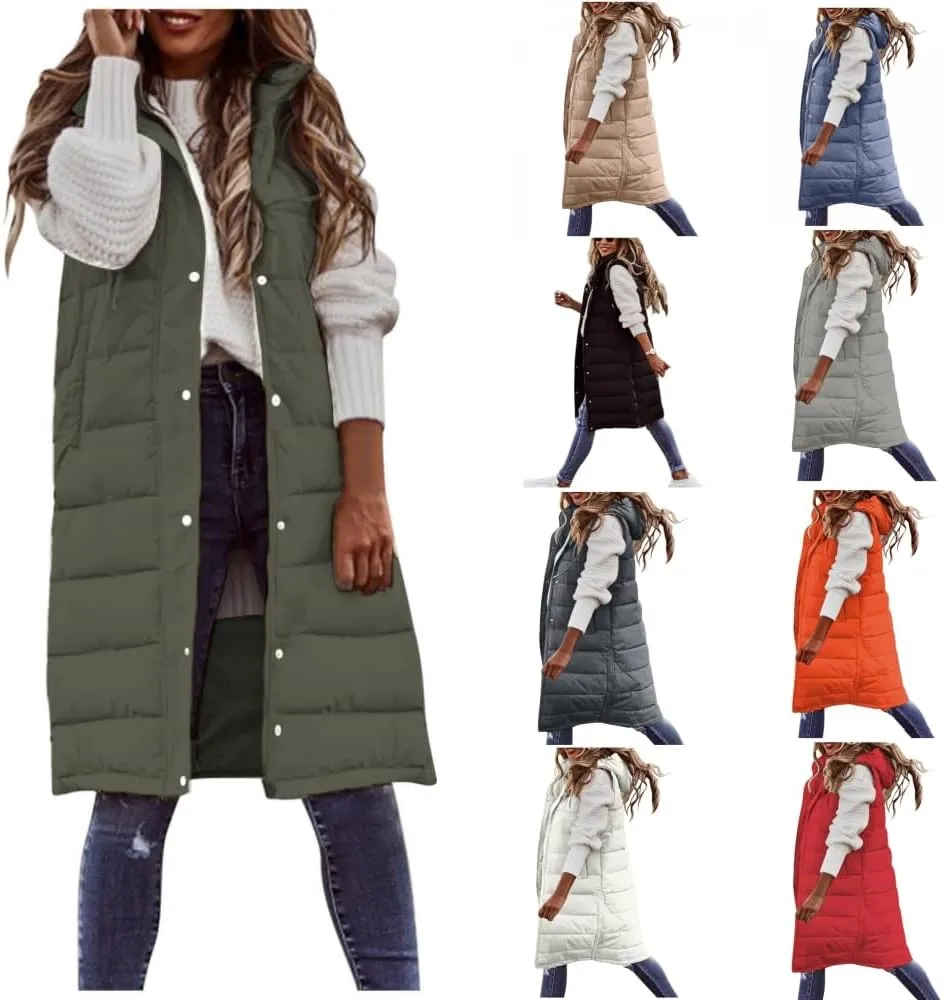Womens Long Puffer Vest Solid Sleveless Jacket Hooded Long Vest Outerwear Zipper Down Coats Trendy Tops With Pockets