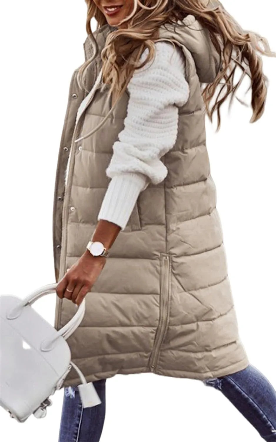 Womens Long Puffer Vest Solid Sleveless Jacket Hooded Long Vest Outerwear Zipper Down Coats Trendy Tops With Pockets