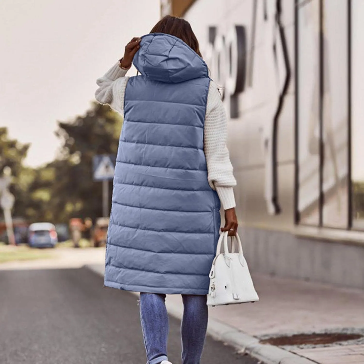 Womens Long Puffer Vest Solid Sleveless Jacket Hooded Long Vest Outerwear Zipper Down Coats Trendy Tops With Pockets