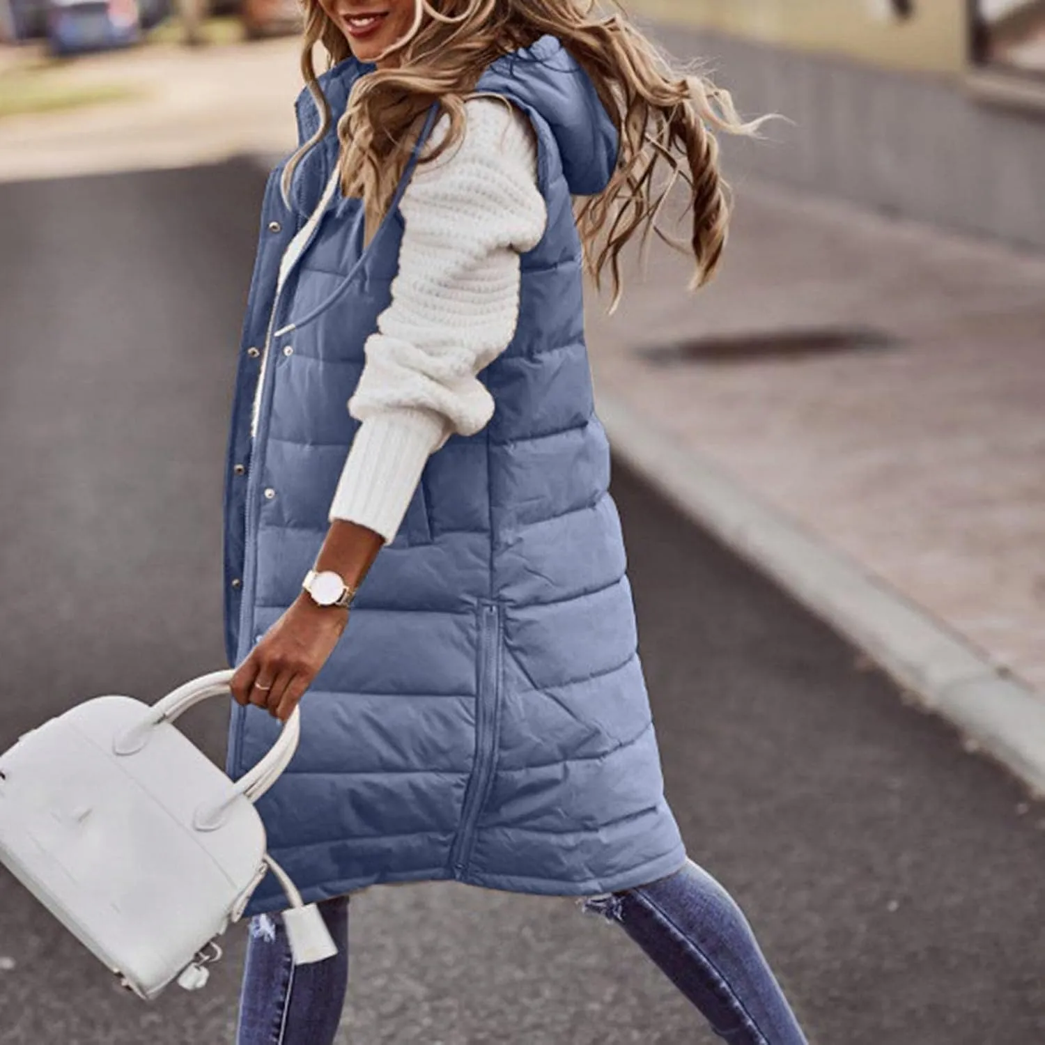 Womens Long Puffer Vest Solid Sleveless Jacket Hooded Long Vest Outerwear Zipper Down Coats Trendy Tops With Pockets