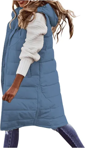 Womens Long Puffer Vest Solid Sleveless Jacket Hooded Long Vest Outerwear Zipper Down Coats Trendy Tops With Pockets