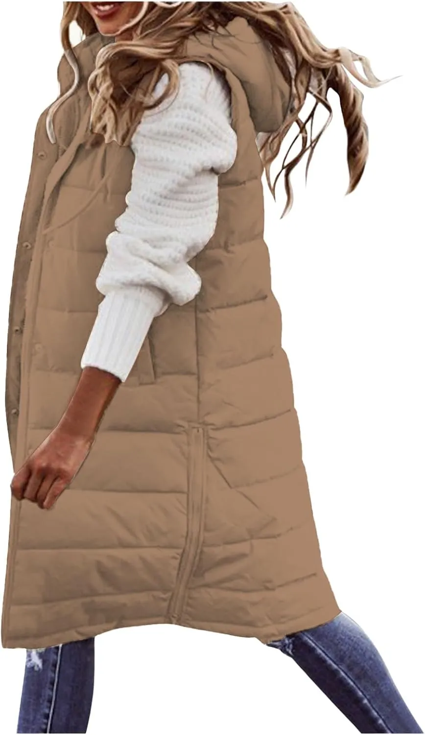 Womens Long Puffer Vest Solid Sleveless Jacket Hooded Long Vest Outerwear Zipper Down Coats Trendy Tops With Pockets