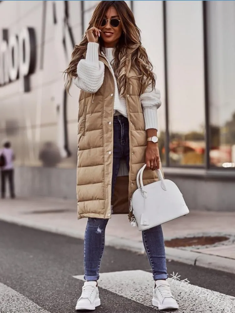 Womens Long Puffer Vest Solid Sleveless Jacket Hooded Long Vest Outerwear Zipper Down Coats Trendy Tops With Pockets
