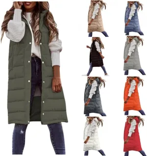 Womens Long Puffer Vest Solid Sleveless Jacket Hooded Long Vest Outerwear Zipper Down Coats Trendy Tops With Pockets