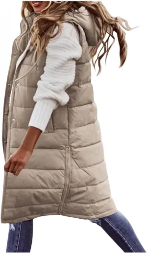 Womens Long Puffer Vest Solid Sleveless Jacket Hooded Long Vest Outerwear Zipper Down Coats Trendy Tops With Pockets