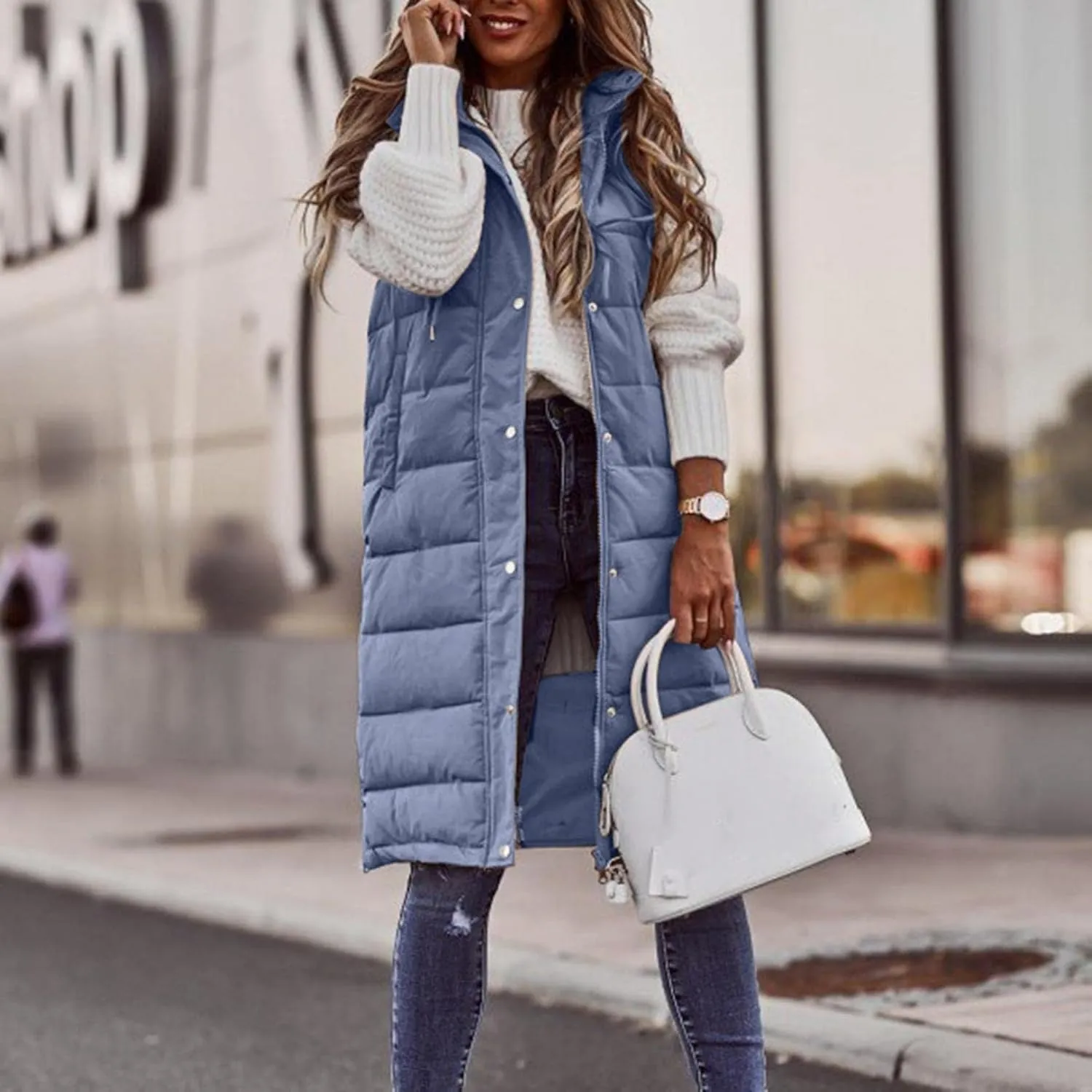 Womens Long Puffer Vest Solid Sleveless Jacket Hooded Long Vest Outerwear Zipper Down Coats Trendy Tops With Pockets