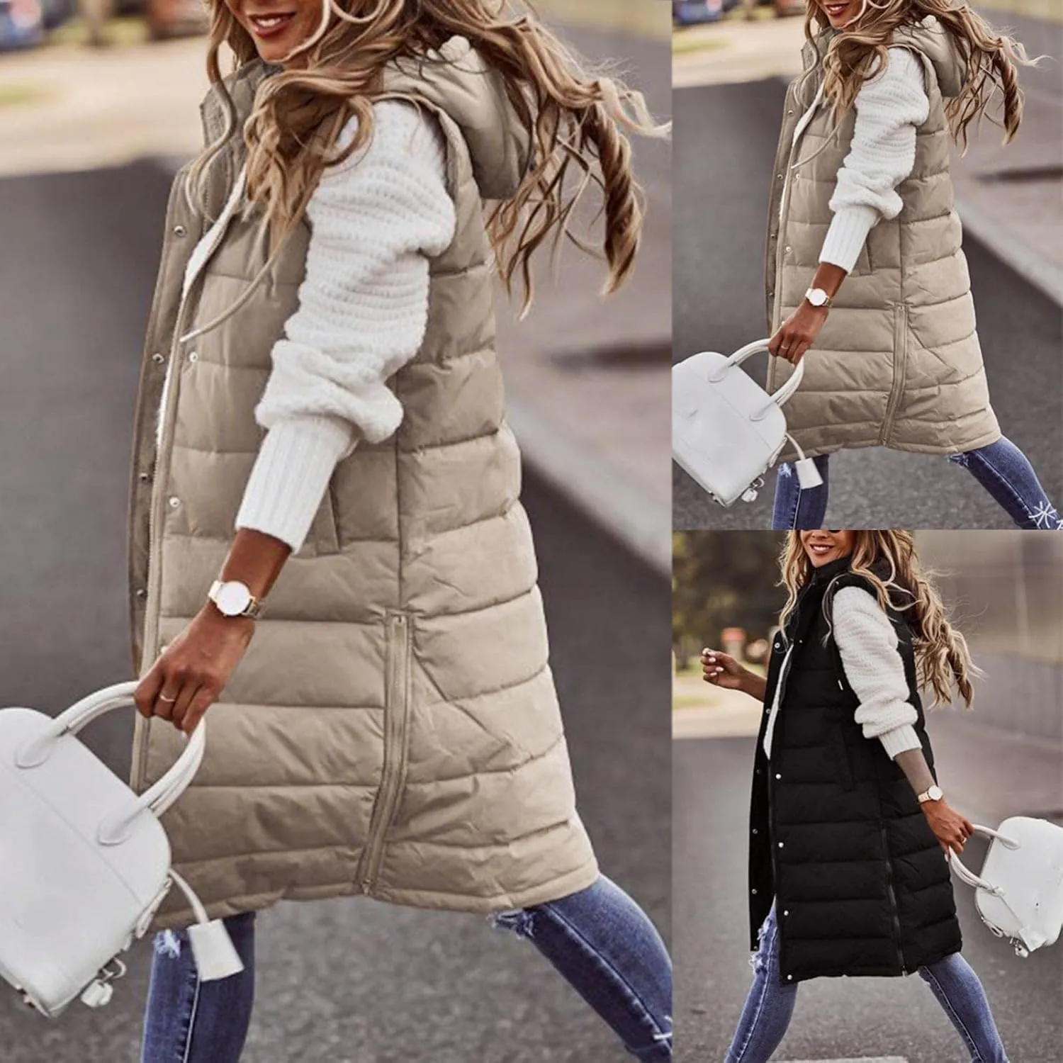 Womens Long Puffer Vest Solid Sleveless Jacket Hooded Long Vest Outerwear Zipper Down Coats Trendy Tops With Pockets