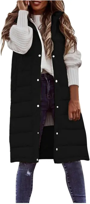 Womens Long Puffer Vest Solid Sleveless Jacket Hooded Long Vest Outerwear Zipper Down Coats Trendy Tops With Pockets