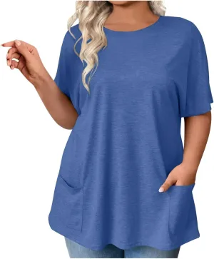 Womens Plus Size Tops Casual Short Sleeve Round Neck T Shirt Loose Fit Tunic Blouse Loose Fashion Tunics with Pocket