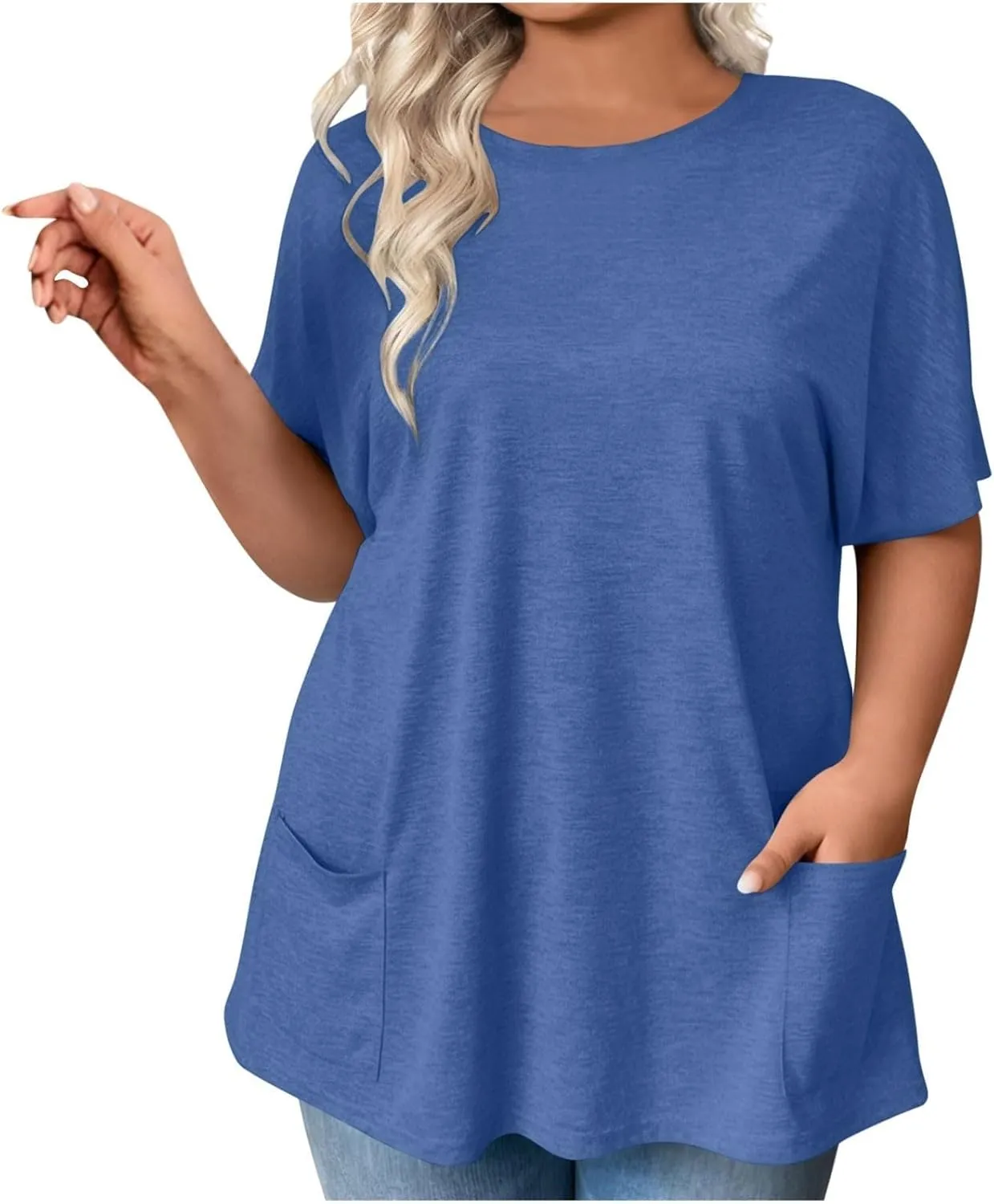 Womens Plus Size Tops Casual Short Sleeve Round Neck T Shirt Loose Fit Tunic Blouse Loose Fashion Tunics with Pocket