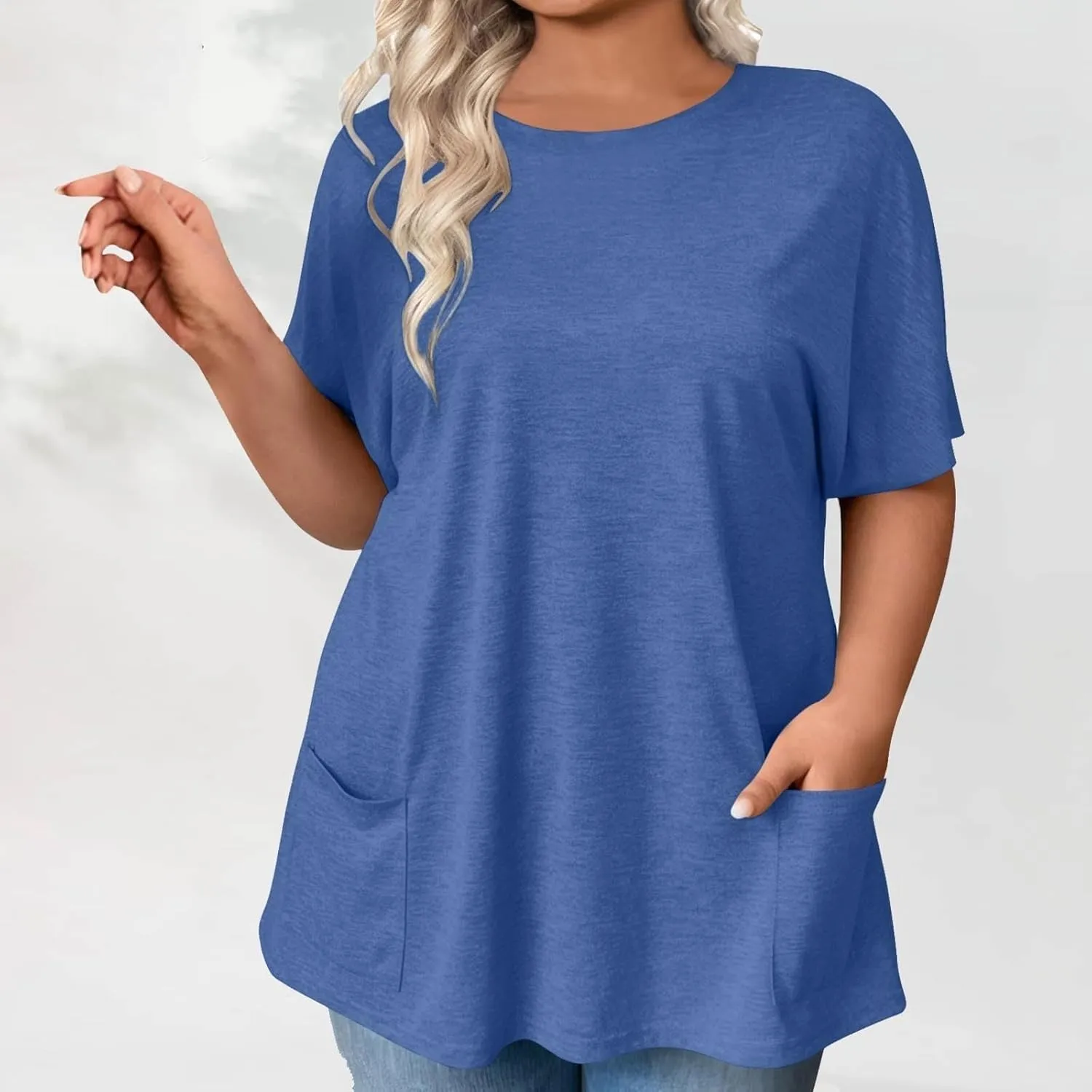 Womens Plus Size Tops Casual Short Sleeve Round Neck T Shirt Loose Fit Tunic Blouse Loose Fashion Tunics with Pocket