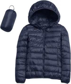 Women's Puffer Jacket Packable Duck Down Lightweight Zipper Winter Down Coat Hooded Slim Fit Short Quilted Puffer Coat