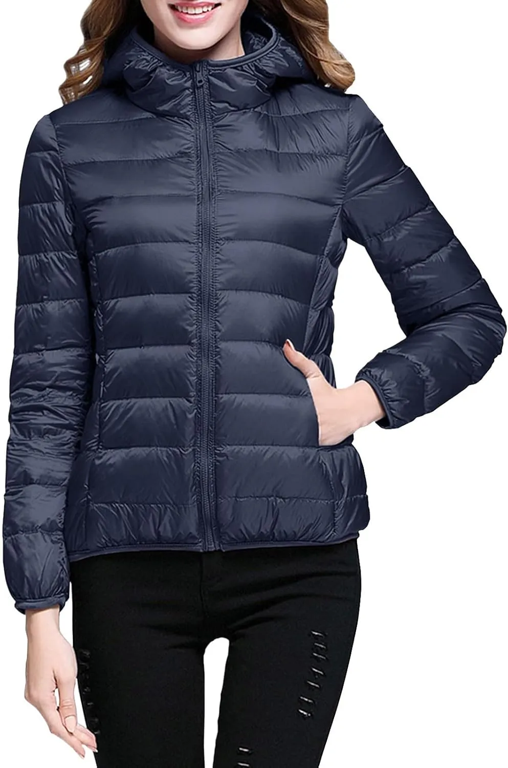 Women's Puffer Jacket Packable Duck Down Lightweight Zipper Winter Down Coat Hooded Slim Fit Short Quilted Puffer Coat