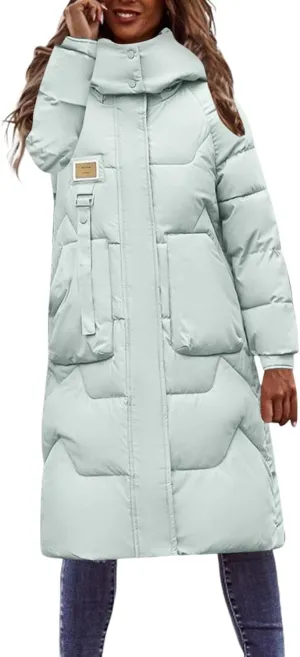 Women's Puffer Jacket Winter Warm Long Down Jacket Thicken Long Outwear Pockets Coat Parka Jacket M-3XL