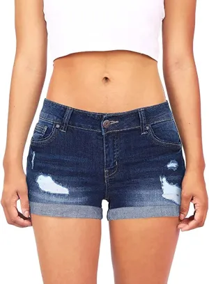 Womens Ripped Denim Shorts Mid Rise Stretchy Solid Casual Mom Jeans Shorts Rolled Up Hem Slim Shorts